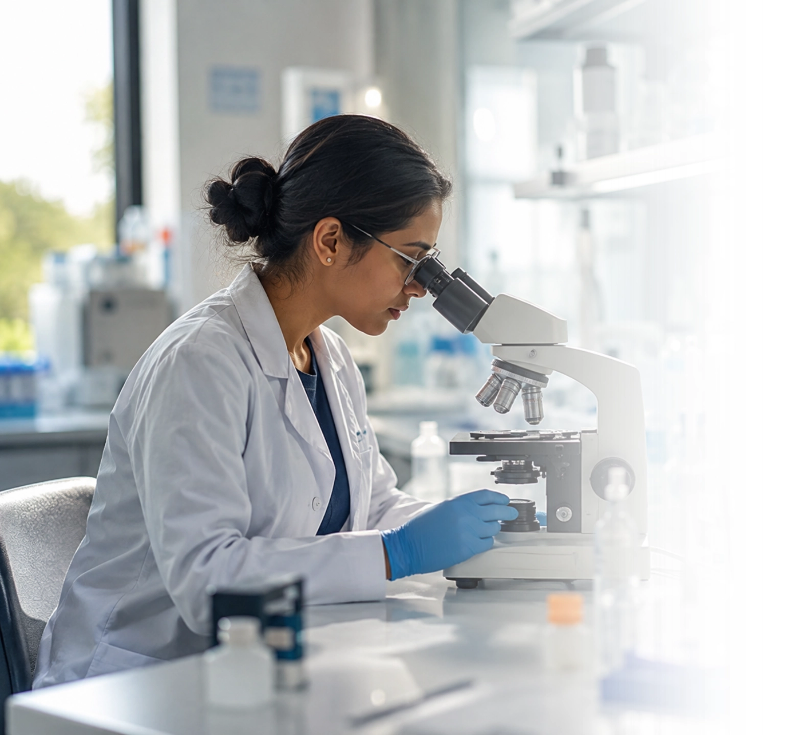 Cosmofix scientist examining skin biology through a microscope